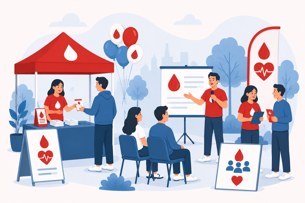 Evento pubblico di sensibilizzazione alla donazione di sangue con gazebo e volontari